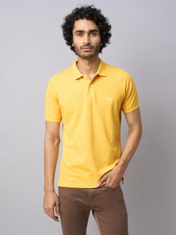 Turtle - Men Cotton Stretch Yellow Half Sleeve Casual Solid Polo T-Shirt