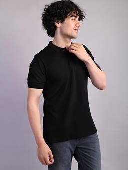 Turtle - Men Cotton Stretch Black Slim Fit Casual Polo T-Shirt