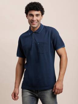 Turtle - Men Poly Cotton Solid Navy Polo T-Shirt