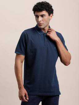 Turtle - Men Poly Cotton Solid Navy Blue Polo T-Shirt
