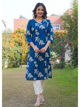 Vbuyz - Women Floral Print Straight Cotton Blue Kurta