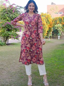Vbuyz - Women Floral Print Straight Cotton Purple Kurta