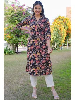 Vbuyz - Women Floral Print Straight Cotton Black Kurta