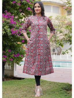 Vbuyz - Women Floral Print Straight Cotton Red Kurta
