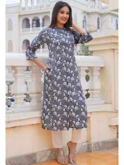 Vbuyz - Women Floral Print Straight Cotton Grey Kurta