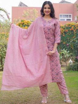 Vbuyz - Women Floral Print Straight Cotton Flamingo Kurta & Pant with Dupatta (Set of 3)