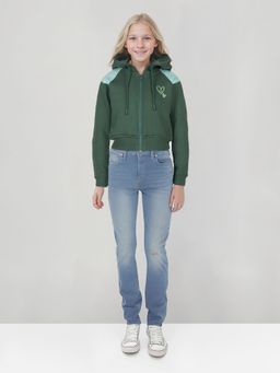 Gini & Jony - Girls Green Cotton Full Sleeves Printed Hoodie