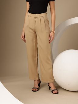 Fnocks - Women Beige High Waisted Wide Leg Baggy Pant