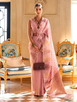 Akhilam - Women's Tissue Pink Woven Designer Saree with Unstitched Blouse