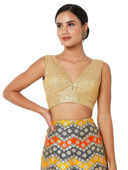 SALWAR STUDIO - Womens Dark Gold Tissue Woven Readymade Saree Blouse