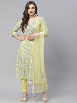 Divena - Yellow Cotton Straight Kurta Pant Set With Dupatta