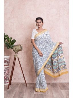 KISHORI - Bagru Print Worli Pattern Hand Block Printed Cotton Mulmul Saree with Unstitched Blouse
