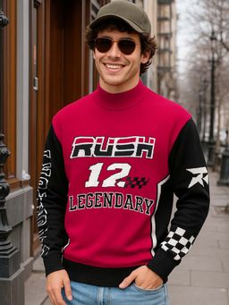 Bewakoof - Men's Red & Black Typography Oversized Sweater