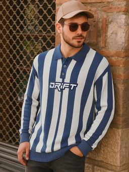 Bewakoof - Men's White & Blue Striped Oversized Sweater