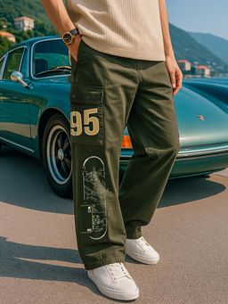 Bewakoof - Men's Olive Green Graphic Printed Straight Fit Cargo Carpenter Pants