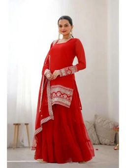 Anveri Textiles - Elegant Red Embroidered Kurta with Sharara and Dupatta