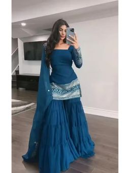 Anveri Textiles - Teal Embroidered Kurta with Sharara and Dupatta