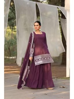Anveri Textiles - Wine Embroidered Kurta with Sharara and Dupatta