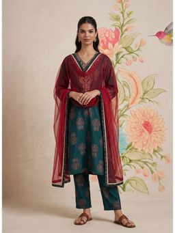 Lakshita - Teal Printed Cotton Blend Kurta and Pant with Dupatta