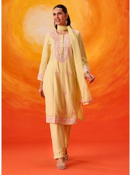 Lakshita - Kora Yellow Cotton Blend Embroidered Kurta and Pant with Dupatta