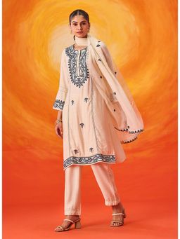 Lakshita - Kora Ivory Cotton Blend Embroidered Kurta and Pant with Dupatta