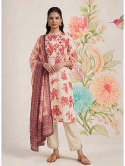 Lakshita - Falguni Red Printed Cotton Kurta and Pant with Dupatta
