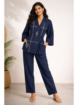 WE'AVE BY SHUBHKARI - Women Navy Blue Rayon Slub Embroidered Co-Ord Set