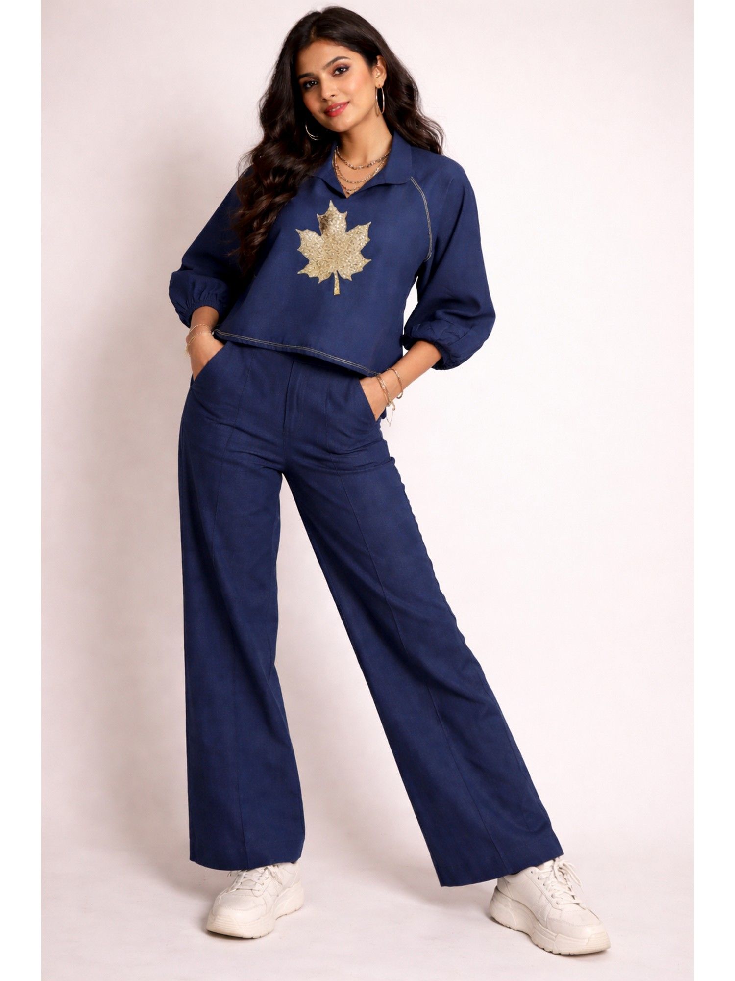 Women Navy Blue Cotton Flex Embellished Co-Ord Set-image-11