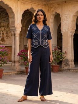 WE'AVE BY SHUBHKARI - Women Navy Blue Rayon Slub Embroidered Co-Ord Set