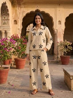 WE'AVE BY SHUBHKARI - Women Beige Cotton Slub Embroidered Co-Ord Set