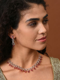 Sohi - Gold Plated Maroon Stone Studded Jewellery (Set of 2)