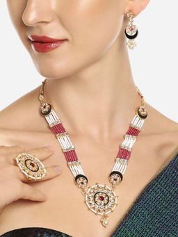 Zaveri Pearls - Pink and White Multistrand Kundan Necklace Set-ZPFK16607