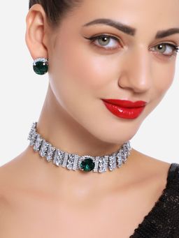 Zaveri Pearls - Green Designer Stones and AD Party Choker and Earrings Set -ZPFK16719