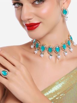 Zaveri Pearls - Turquoise AD and Stones Choker- Earrings and Ring Set -ZPFK16726