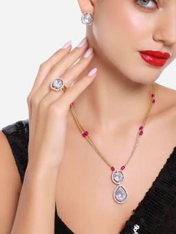 Zaveri Pearls - Pink Beads AD and Stones Necklace- Earrings and Ring Set -ZPFK16728