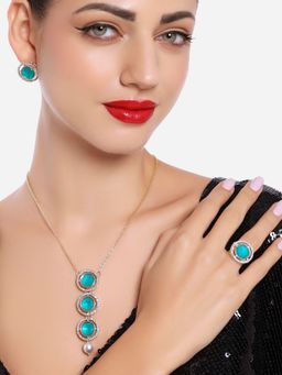 Zaveri Pearls - Turquoise AD and Stones Pearl Drop Necklace Set -ZPFK16730