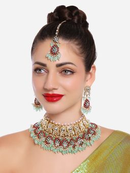 Zaveri Pearls - Pink and Green Kundan Bridal Necklace Set -ZPFK16760