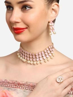 Zaveri Pearls - Pink Enamel Stones Pearl Drops Necklace Earrings and Ring Set-ZPFK16906