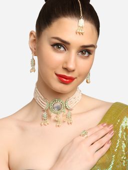 Zaveri Pearls - Green Kundan Stone Beads Necklace- Earrings-Ring-Maangtikka Set-ZPFK16907