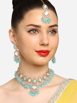 Zaveri Pearls - Turquoise Austrian Diamonds Necklace- Earrings and Maangtikka Set-ZPFK16919