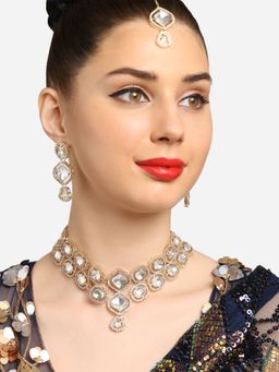 Zaveri Pearls - Gold Tone Austrian Diamonds Necklace- Earrings and Maangtikka Set -ZPFK16921
