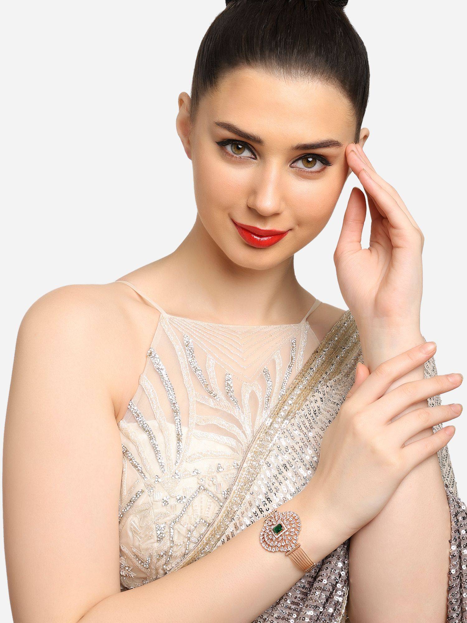 Buy Zaveri Pearls Green- Rose Gold Dazzling Cubic Zirconia