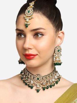 Zaveri Pearls - Green Kundan Choker Necklace- Earrings and Maangtikka Set-ZPFK16937