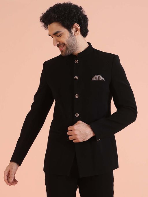 KISAH Men Black Solid Bandhgala