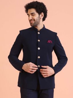 KISAH - Men Navy Blue Solid Bandhgala