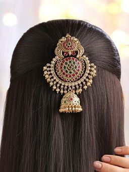OOMPH - Gold Ethnic Hair Bun Pin Juda Pin - Kempu Stones - Peacock Design