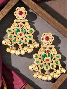 OOMPH - Gold Heritage Kashmiri Drop Earrings - Floral Design with Ghungroo Detailing