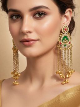 OOMPH - Long Kashmiri Drop Earrings - Peacock Design with Ghungroo Detailing