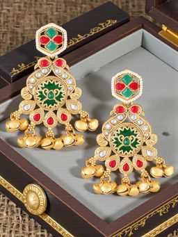 OOMPH - Gold Heritage Kashmiri Drop Earrings - Peacock Design with Ghungroo Detailing