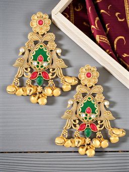 OOMPH - Gold Heritage Kashmiri Drop Earrings - Peacock Design with Ghungroo Detailing